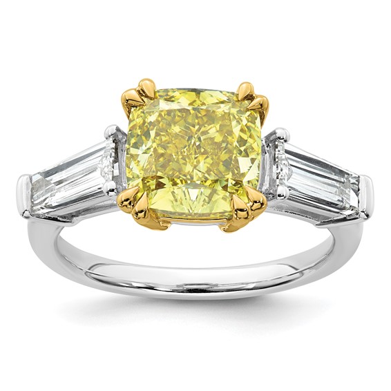 Emma Grace 14K Two-Tone 4 1/3 carat Certified Lab Grown Diamond VS+ Cushion Vivid Yellow & VS+ F+ Baguette Complete Ring