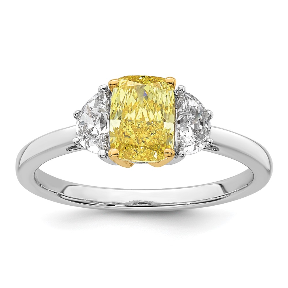 Emma Grace 14K Two-Tone 1.50 Carat Certified Lab Grown Diamond VS+ Long Cushion Vivid Yellow & VS+ F+ Half Moon Complete Ring