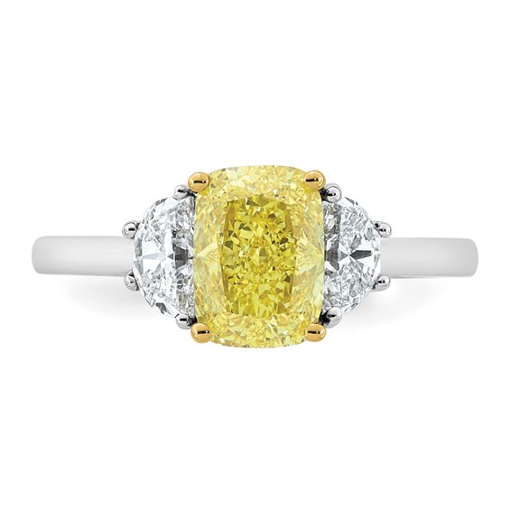 Emma Grace 14K Two-Tone 2 1/2 carat Certified Lab Grown Diamond VS+ Long Cushion Vivid Yellow & VS+ F+ Half Moon Complete Ring