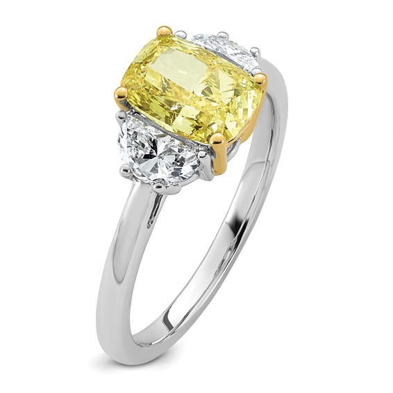 Emma Grace 14K Two-Tone 2 1/2 carat Certified Lab Grown Diamond VS+ Long Cushion Vivid Yellow & VS+ F+ Half Moon Complete Ring