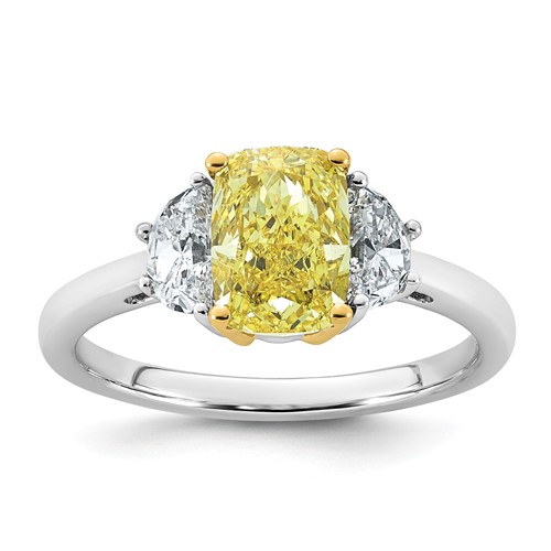 Emma Grace 14K Two-Tone 2.50 Carat Certified Lab Grown Diamond VS+ Long Cushion Vivid Yellow & VS+ F+ Half Moon Complete Ring