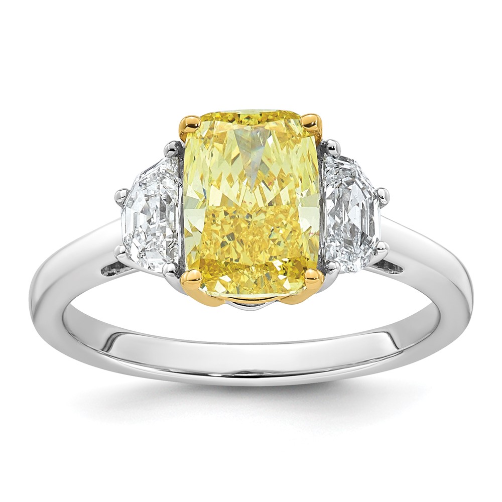 Emma Grace 14K Two-Tone 2.62 Carat Certified Lab Grown Diamond VS+ Long Cushion Vivid Yellow & VS+ F+ Half Moon Complete Ring