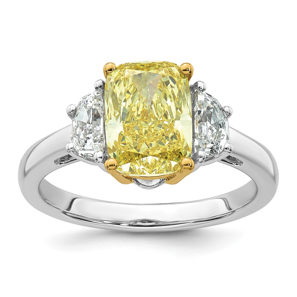 Emma Grace 14K Two-Tone 3 Carat Certified Lab Grown Diamond VS+ Long Cushion Vivid Yellow & VS+ F+ Half Moon Complete Ring