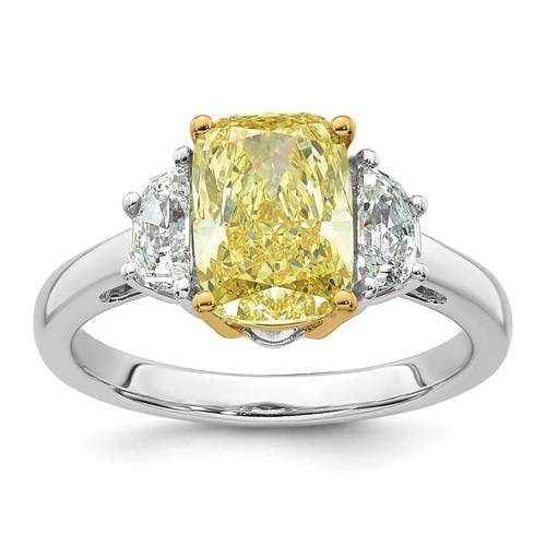 Emma Grace 14K Two-Tone 3 Carat Certified Lab Grown Diamond VS+ Long Cushion Vivid Yellow & VS+ F+ Half Moon Complete Ring