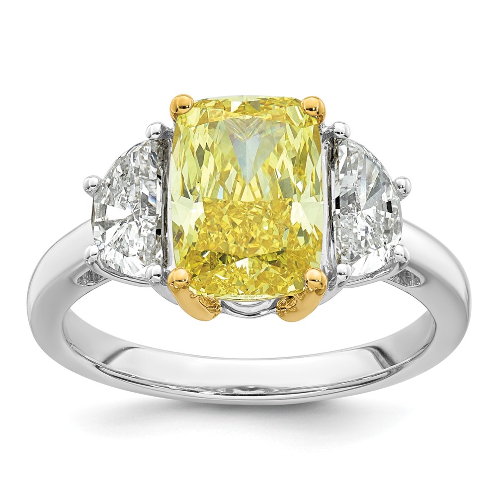 Emma Grace 14K Two-Tone 4.20 Carat Certified Lab Grown Diamond VS+ Long Cushion Vivid Yellow & VS+ F+ Half Moon Complete Ring