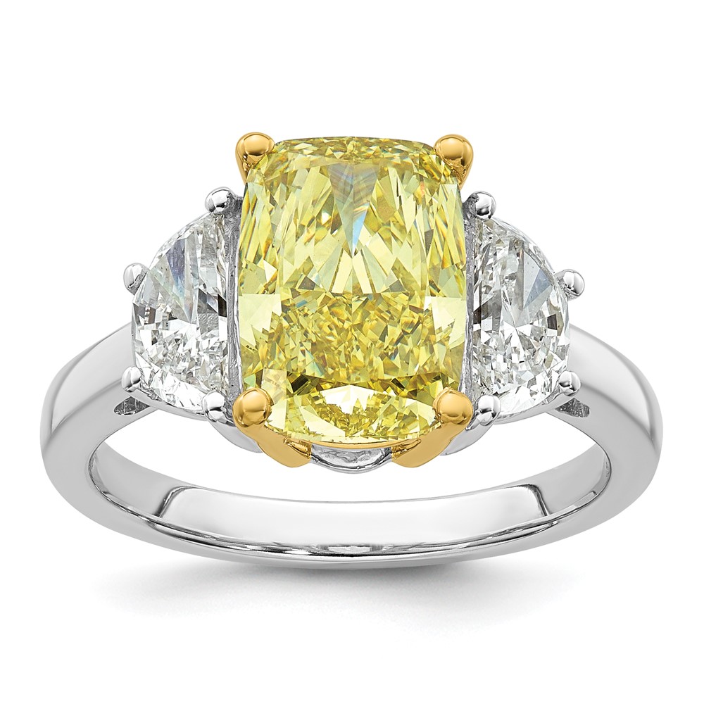 Emma Grace 14K Two-Tone 4.75 Carat Certified Lab Grown Diamond VS+ Long Cushion Vivid Yellow & VS+ F+ Half Moon Complete Ring