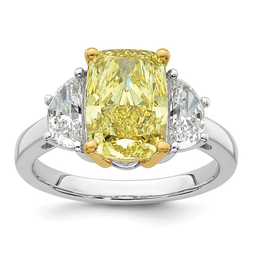 Emma Grace 14K Two-Tone 4.75 Carat Certified Lab Grown Diamond VS+ Long Cushion Vivid Yellow & VS+ F+ Half Moon Complete Ring