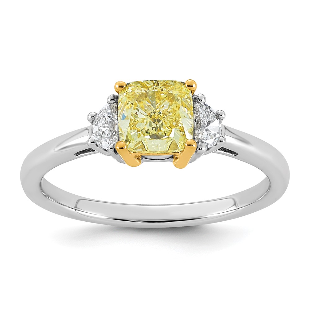 Emma Grace 14K Two-Tone 1.33 Carat Certified Lab Grown Diamond VS+ Cushion Vivid Yellow & VS+ F+ Half Moon Complete Ring