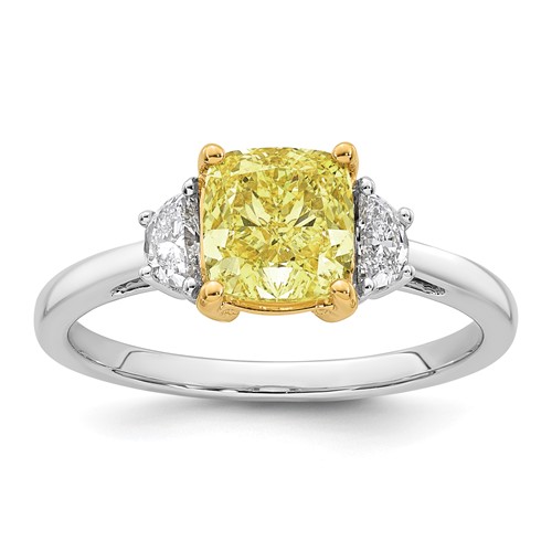 Emma Grace 14K Two-Tone 1.75 Carat Certified Lab Grown Diamond VS+ Cushion Vivid Yellow & VS+ F+ Half Moon Complete Ring