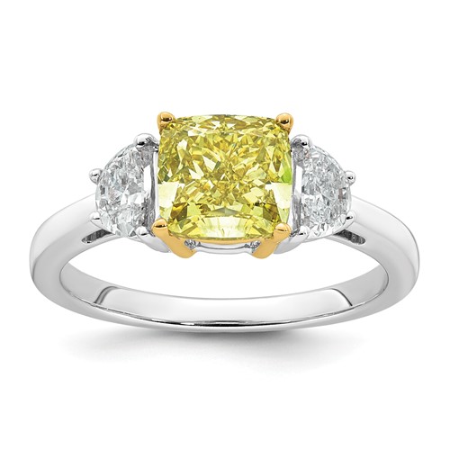 Emma Grace 14K Two-Tone 2.50 Carat Certified Lab Grown Diamond VS+ Cushion Vivid Yellow & VS+ F+ Half Moon Complete Ring