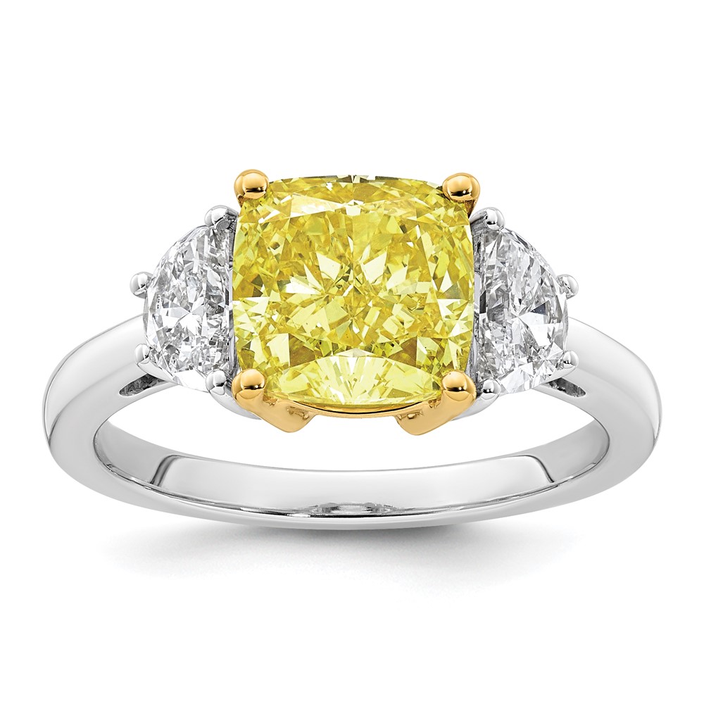 Emma Grace 14K Two-Tone 3.75 Carat Certified Lab Grown Diamond VS+ Cushion Vivid Yellow & VS+ F+ Half Moon Complete Ring