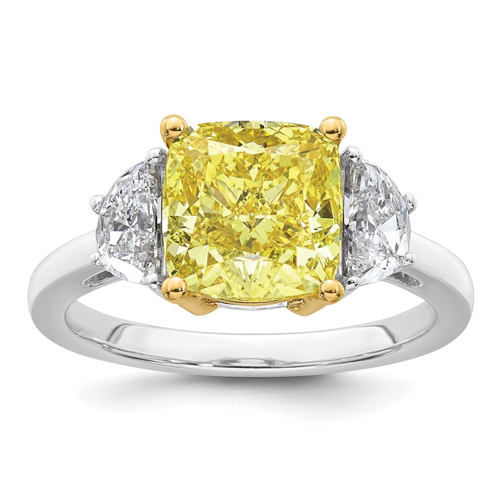 Emma Grace 14K Two-Tone 4.25 Carat Certified Lab Grown Diamond VS+ Cushion Vivid Yellow & VS+ F+ Half Moon Complete Ring