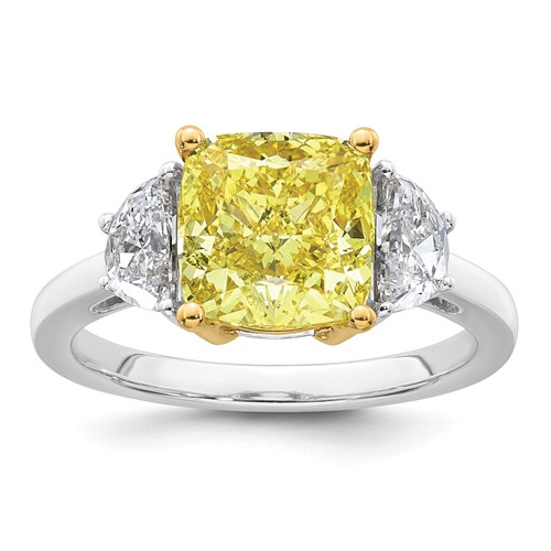Emma Grace 14K Two-Tone 4.25 Carat Certified Lab Grown Diamond VS+ Cushion Vivid Yellow & VS+ F+ Half Moon Complete Ring