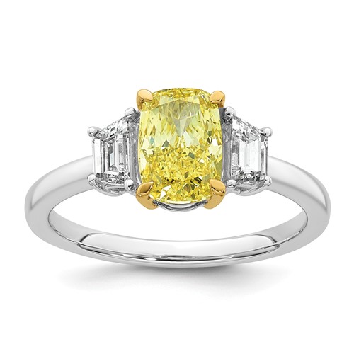 Emma Grace 14K Two-tone 1.88 Carat Lab Grown Diamond Long Cushion VS+ Certified Vivid Yellow & Trapezoid VS+ F+ Complete Ring