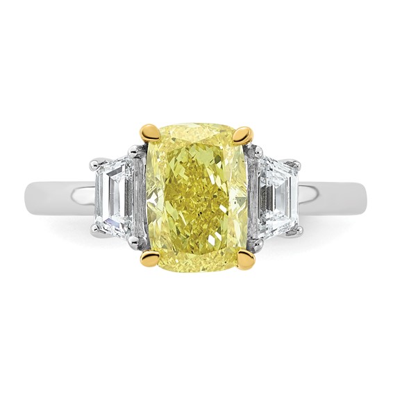 Emma Grace 14K Two-Tone 2 1/2 carat Certified Lab Grown Diamond VS+ Long Cushion Vivid Yellow & VS+ F+ Trapezoid Complete Ring