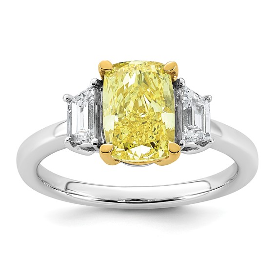 Emma Grace 14K Two-Tone 2 1/2 carat Certified Lab Grown Diamond VS+ Long Cushion Vivid Yellow & VS+ F+ Trapezoid Complete Ring