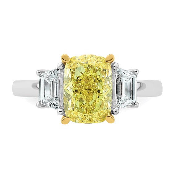 Emma Grace 14K Two-Tone 3 1/5 carat Certified Lab Grown Diamond VS+ Long Cushion Vivid Yellow & VS+ F+ Trapezoid Complete Ring