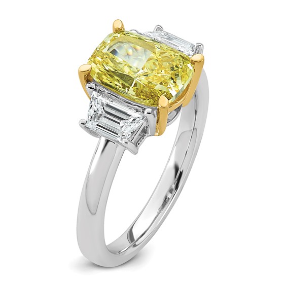 Emma Grace 14K Two-Tone 3 1/5 carat Certified Lab Grown Diamond VS+ Long Cushion Vivid Yellow & VS+ F+ Trapezoid Complete Ring
