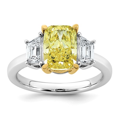 Emma Grace 14K Two-Tone 3.20 Carat Certified Lab Grown Diamond VS+ Long Cushion Vivid Yellow & VS+ F+ Trapezoid Complete Ring