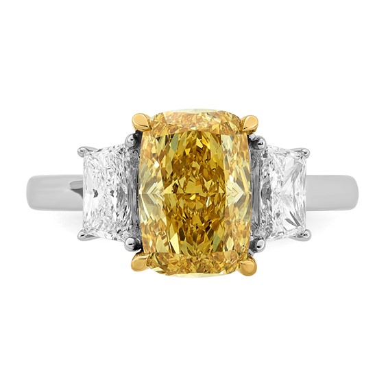Emma Grace 14K Two-Tone 3 7/8 carat Certified Lab Grown Diamond VS+ Long Cushion Vivid Yellow & VS+ F+ Trapezoid Complete Ring