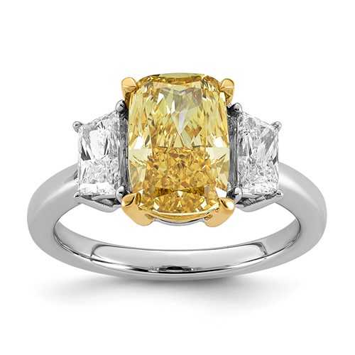 Emma Grace 14K Two-Tone 3.88 Carat Certified Lab Grown Diamond VS+ Long Cushion Vivid Yellow & VS+ F+ Trapezoid Complete Ring