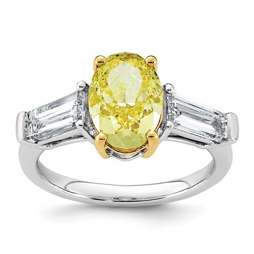 Emma Grace 14K Two-Tone 4.50 Carat Certified Lab Grown Diamond VS+ Oval Vivid Yellow & VS+ F+ Baguette Complete Ring