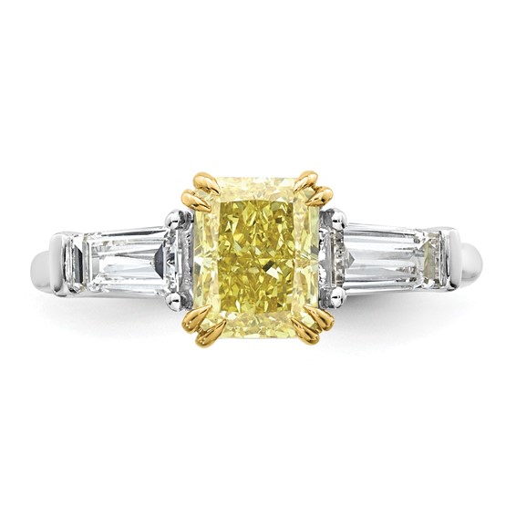 Emma Grace 14K Two-Tone 2 1/5 carat Certified Lab Grown Diamond VS+ Radiant Vivid Yellow & VS+ F+ Baguette Complete Ring