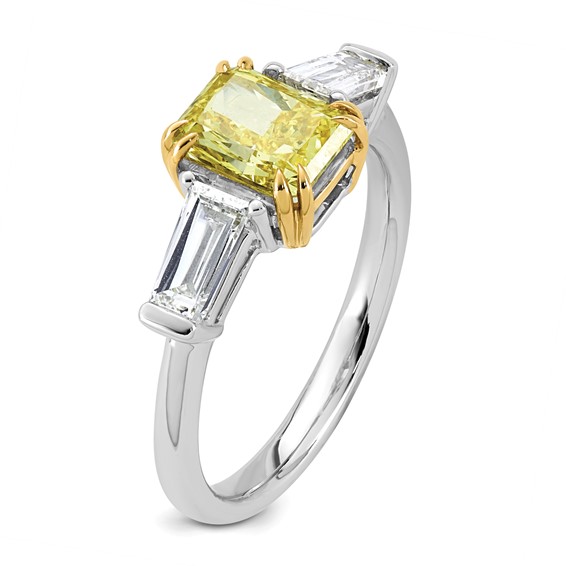 Emma Grace 14K Two-Tone 2 1/5 carat Certified Lab Grown Diamond VS+ Radiant Vivid Yellow & VS+ F+ Baguette Complete Ring