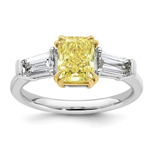 Emma Grace 14K Two-Tone 2.20 Carat Certified Lab Grown Diamond VS+ Radiant Vivid Yellow & VS+ F+ Baguette Complete Ring