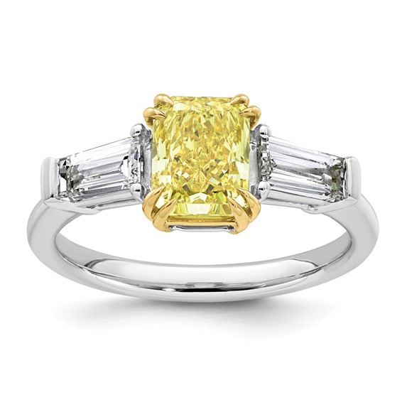 Emma Grace 14K Two-Tone 2 1/5 carat Certified Lab Grown Diamond VS+ Radiant Vivid Yellow & VS+ F+ Baguette Complete Ring