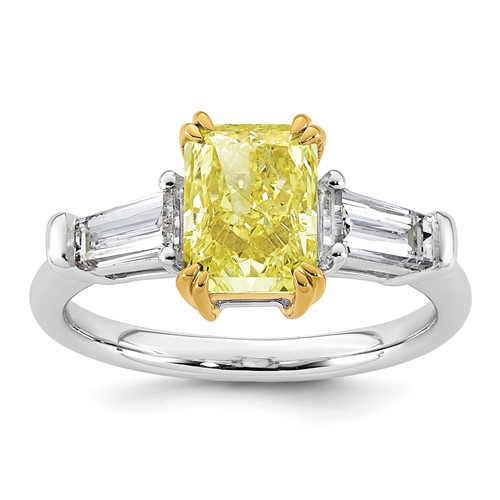 Emma Grace 14K Two-Tone 2.75 Carat Certified Lab Grown Diamond VS+ Radiant Vivid Yellow & VS+ F+ Baguette Complete Ring