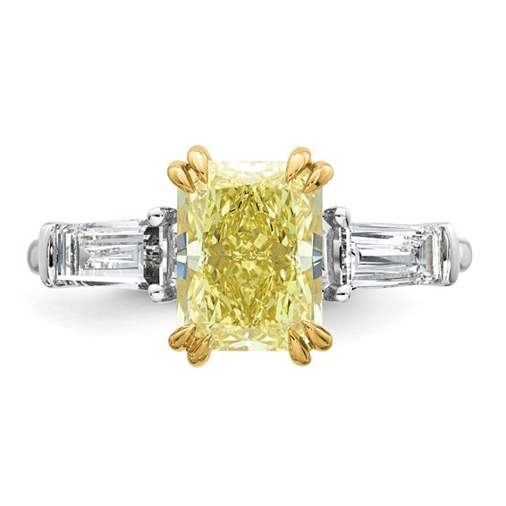 Emma Grace 14K Two-Tone 3 1/3 carat Certified Lab Grown Diamond VS+ Radiant Vivid Yellow & VS+ F+ Baguette Complete Ring