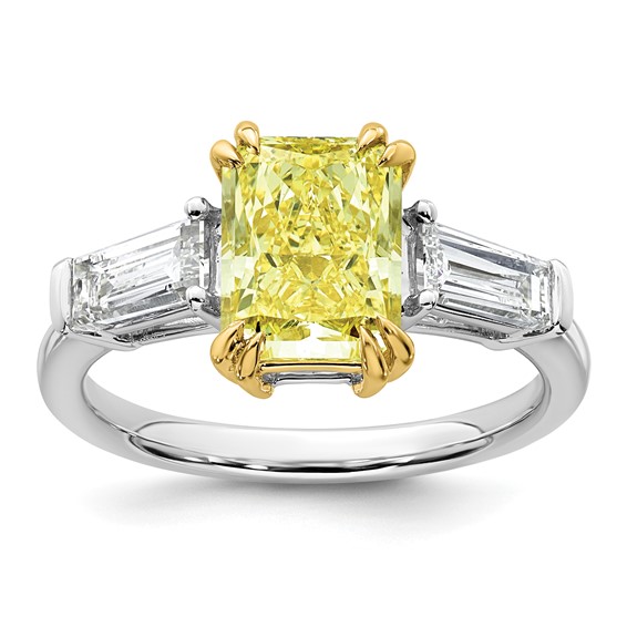 Emma Grace 14K Two-Tone 3 1/3 carat Certified Lab Grown Diamond VS+ Radiant Vivid Yellow & VS+ F+ Baguette Complete Ring
