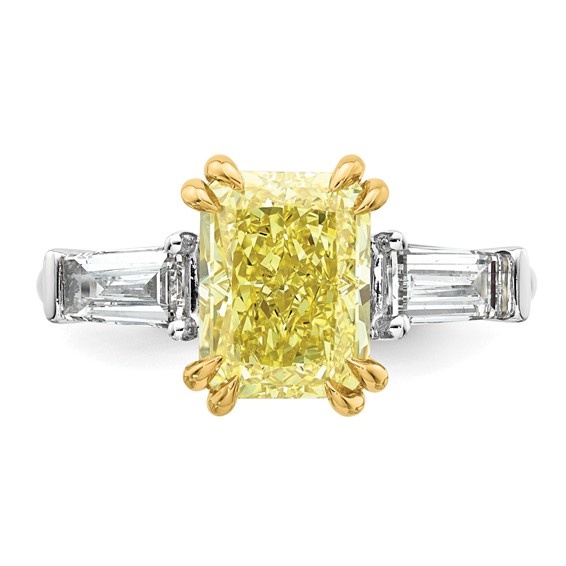 Emma Grace 14K Two-Tone 4 carat Certified Lab Grown Diamond VS+ Radiant Vivid Yellow & VS+ F+ Baguette Complete Ring