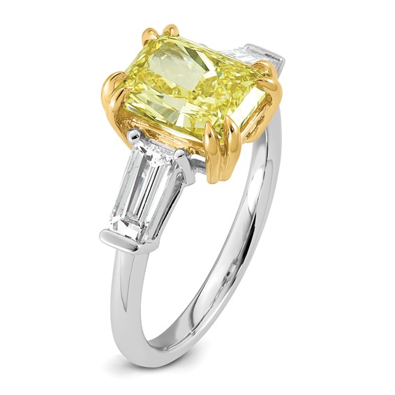Emma Grace 14K Two-Tone 4 carat Certified Lab Grown Diamond VS+ Radiant Vivid Yellow & VS+ F+ Baguette Complete Ring
