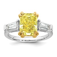 Emma Grace 14K Two-Tone 4.38 Carat Certified Lab Grown Diamond VS+ Radiant Vivid Yellow & VS+ F+ Baguette Complete Ring view 1