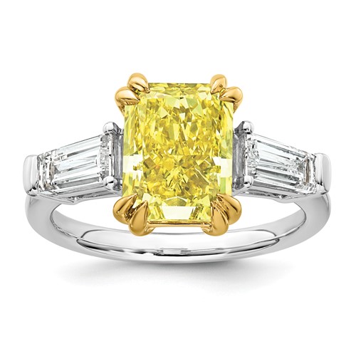 Emma Grace 14K Two-Tone 4.38 Carat Certified Lab Grown Diamond VS+ Radiant Vivid Yellow & VS+ F+ Baguette Complete Ring