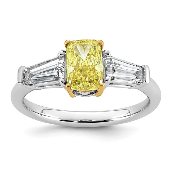 Emma Grace 14K Two-Tone 2 1/2 carat Certified Lab Grown Diamond VS+ Long Cushion Vivid Yellow & VS+ F+ Baguette Complete Ring