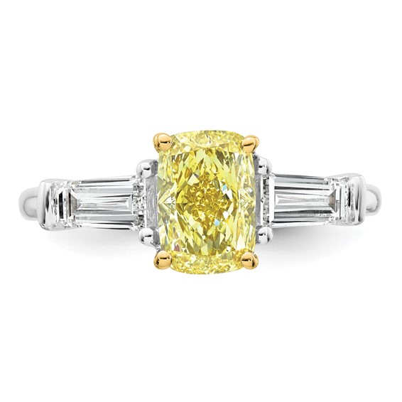 Emma Grace 14K Two-Tone 2 1/4 carat Certified Lab Grown Diamond VS+ Long Cushion Vivid Yellow & VS+ F+ Baguette Complete Ring