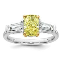 Emma Grace 14K Two-Tone 2.25 Carat Certified Lab Grown Diamond VS+ Long Cushion Vivid Yellow & VS+ F+ Baguette Complete Ring view 1