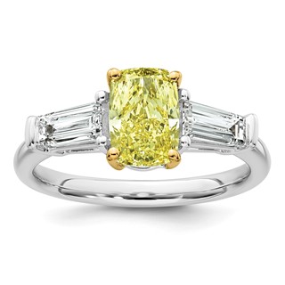 Emma Grace 14K Two-Tone 2 1/4 carat Certified Lab Grown Diamond VS+ Long Cushion Vivid Yellow & VS+ F+ Baguette Complete Ring
