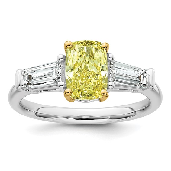 Emma Grace 14K Two-Tone 2 1/4 carat Certified Lab Grown Diamond VS+ Long Cushion Vivid Yellow & VS+ F+ Baguette Complete Ring
