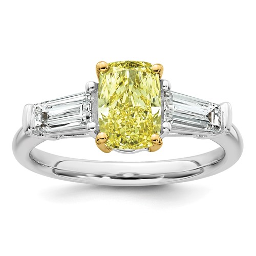 Emma Grace 14K Two-Tone 2.25 Carat Certified Lab Grown Diamond VS+ Long Cushion Vivid Yellow & VS+ F+ Baguette Complete Ring