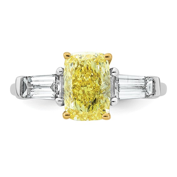 Emma Grace 14K Two-Tone 2 7/8 carat Certified Lab Grown Diamond VS+ Long Cushion Vivid Yellow & VS+ F+ Baguette Complete Ring