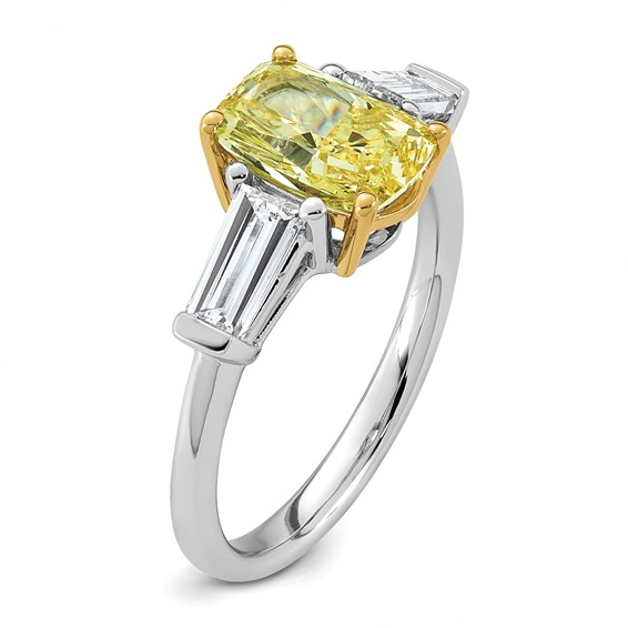Emma Grace 14K Two-Tone 2 7/8 carat Certified Lab Grown Diamond VS+ Long Cushion Vivid Yellow & VS+ F+ Baguette Complete Ring