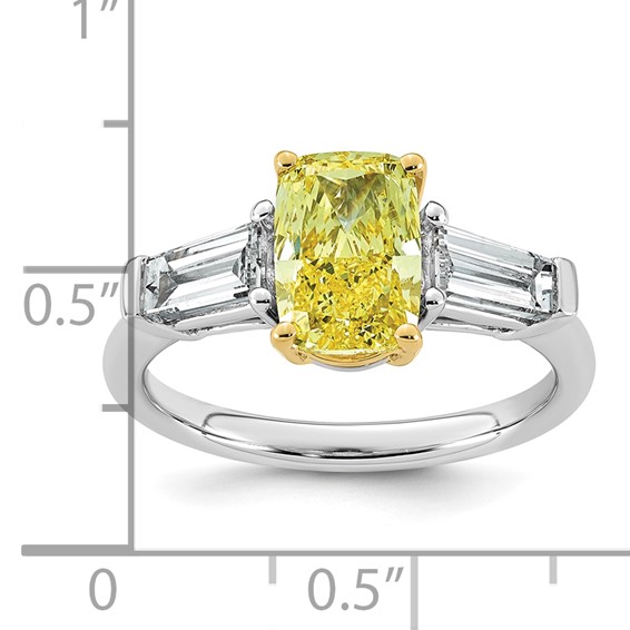 Emma Grace 14K Two-Tone 2 7/8 carat Certified Lab Grown Diamond VS+ Long Cushion Vivid Yellow & VS+ F+ Baguette Complete Ring