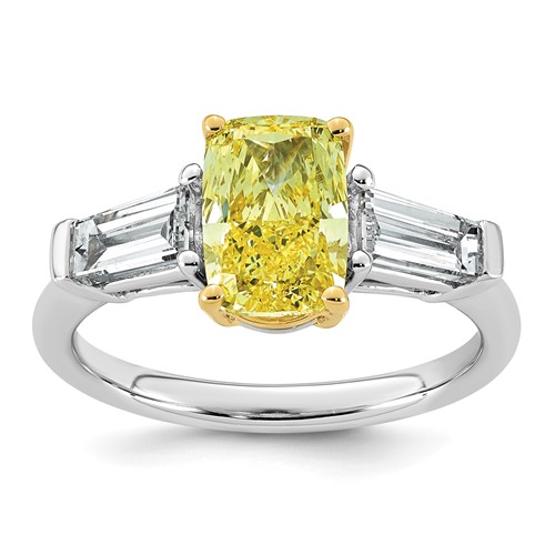 Emma Grace 14K Two-Tone 2.88 Carat Certified Lab Grown Diamond VS+ Long Cushion Vivid Yellow & VS+ F+ Baguette Complete Ring
