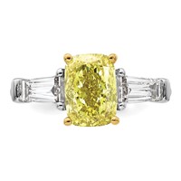 Emma Grace 14K Two-Tone 3.62 Carat Certified Lab Grown Diamond VS+ Long Cushion Vivid Yellow & VS+ F+ Baguette Complete Ring view 4