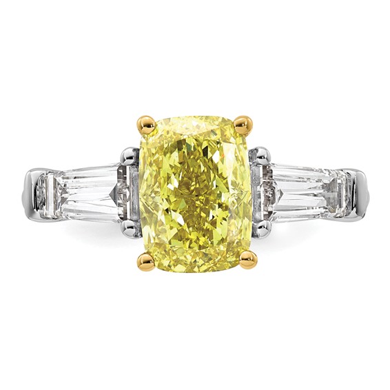 Emma Grace 14K Two-Tone 3 5/8 carat Certified Lab Grown Diamond VS+ Long Cushion Vivid Yellow & VS+ F+ Baguette Complete Ring
