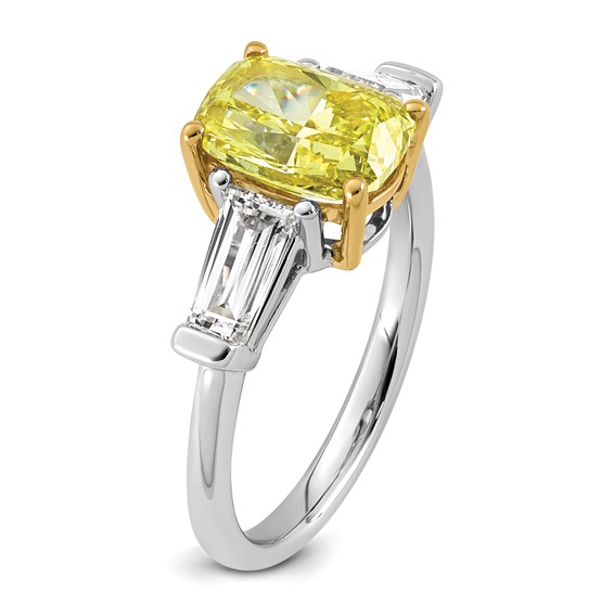 Emma Grace 14K Two-Tone 3 5/8 carat Certified Lab Grown Diamond VS+ Long Cushion Vivid Yellow & VS+ F+ Baguette Complete Ring
